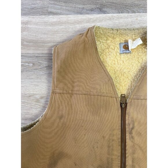 Vtg Carhartt Canvas Work Vest Jacket 3XL Tan Brown Sherpa Lined Thrashed Stains - Picture 2 of 11